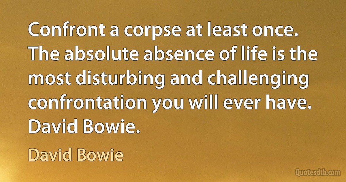 Confront a corpse at least once. The absolute absence of life is the most disturbing and challenging confrontation you will ever have.
David Bowie. (David Bowie)