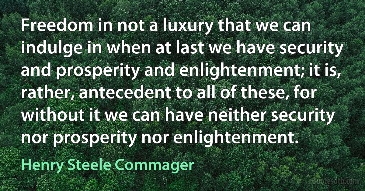 Freedom in not a luxury that we can indulge in when at last we have security and prosperity and enlightenment; it is, rather, antecedent to all of these, for without it we can have neither security nor prosperity nor enlightenment. (Henry Steele Commager)