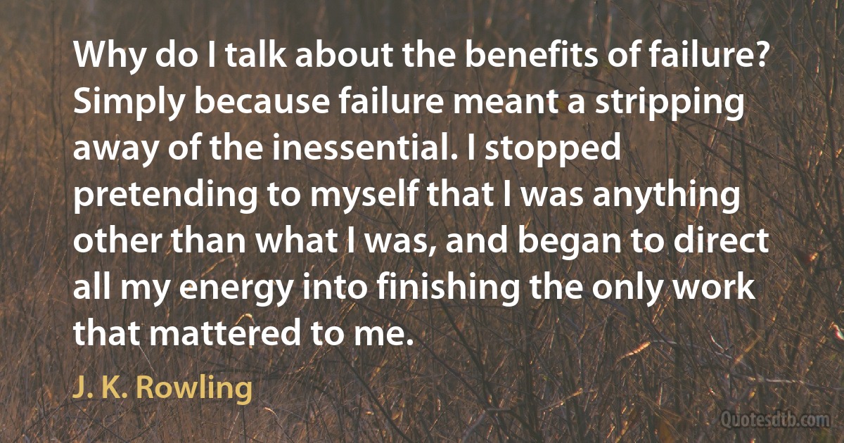 Why do I talk about the benefits of failure? Simply because failure meant a stripping away of the inessential. I stopped pretending to myself that I was anything other than what I was, and began to direct all my energy into finishing the only work that mattered to me. (J. K. Rowling)