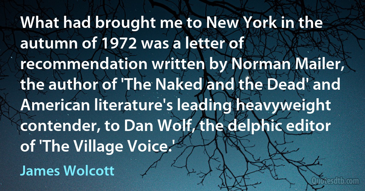 What had brought me to New York in the autumn of 1972 was a letter of recommendation written by Norman Mailer, the author of 'The Naked and the Dead' and American literature's leading heavyweight contender, to Dan Wolf, the delphic editor of 'The Village Voice.' (James Wolcott)