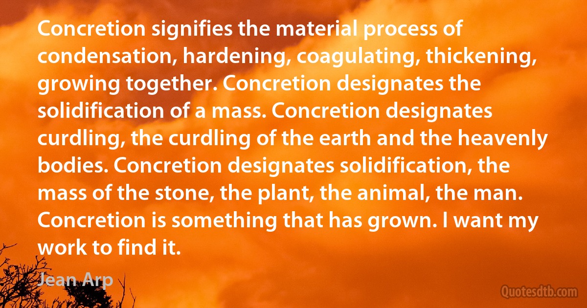 Concretion signifies the material process of condensation, hardening, coagulating, thickening, growing together. Concretion designates the solidification of a mass. Concretion designates curdling, the curdling of the earth and the heavenly bodies. Concretion designates solidification, the mass of the stone, the plant, the animal, the man. Concretion is something that has grown. I want my work to find it. (Jean Arp)