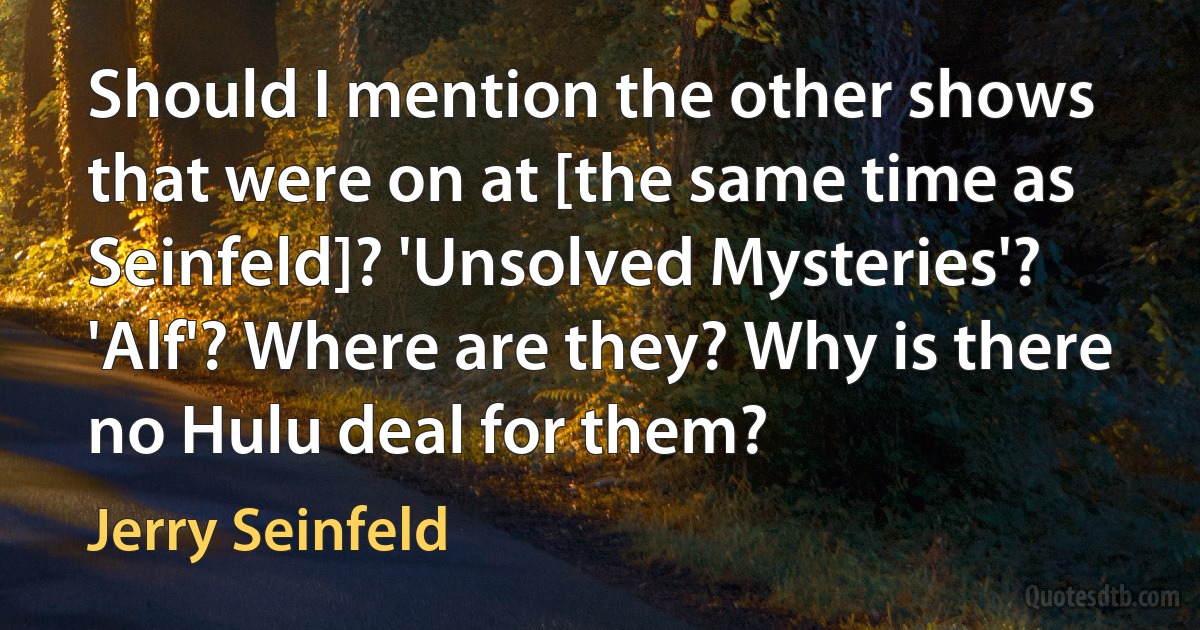 Should I mention the other shows that were on at [the same time as Seinfeld]? 'Unsolved Mysteries'? 'Alf'? Where are they? Why is there no Hulu deal for them? (Jerry Seinfeld)