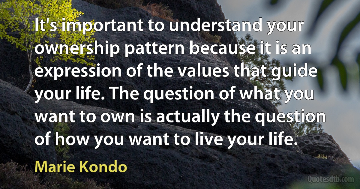 It's important to understand your ownership pattern because it is an expression of the values that guide your life. The question of what you want to own is actually the question of how you want to live your life. (Marie Kondo)