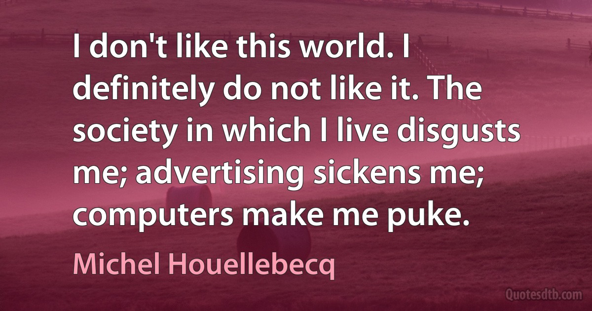 I don't like this world. I definitely do not like it. The society in which I live disgusts
me; advertising sickens me; computers make me puke. (Michel Houellebecq)