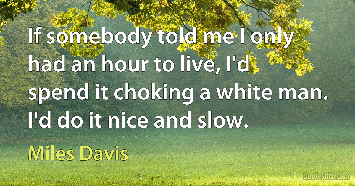 If somebody told me I only had an hour to live, I'd spend it choking a white man. I'd do it nice and slow. (Miles Davis)