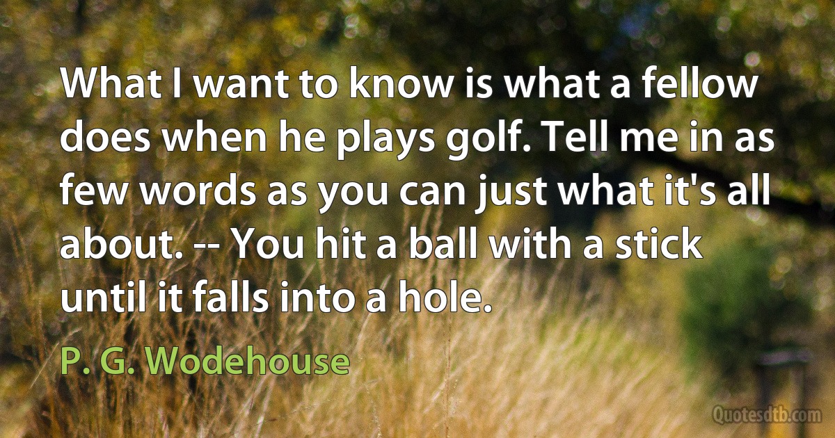 What I want to know is what a fellow does when he plays golf. Tell me in as few words as you can just what it's all about. -- You hit a ball with a stick until it falls into a hole. (P. G. Wodehouse)