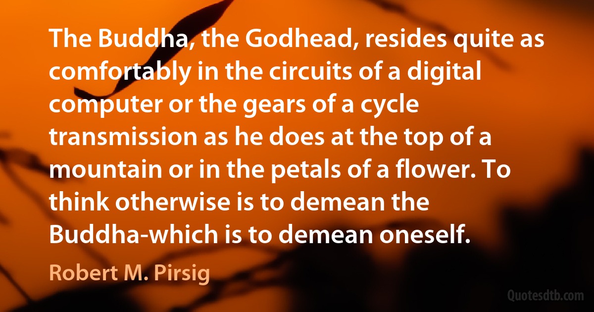 The Buddha, the Godhead, resides quite as comfortably in the circuits of a digital computer or the gears of a cycle transmission as he does at the top of a mountain or in the petals of a flower. To think otherwise is to demean the Buddha-which is to demean oneself. (Robert M. Pirsig)