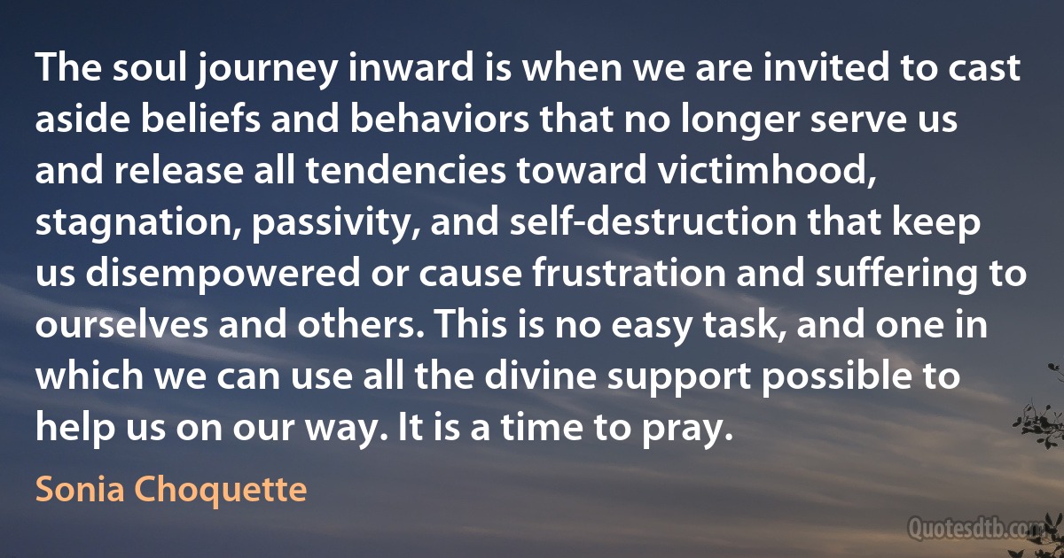 The soul journey inward is when we are invited to cast aside beliefs and behaviors that no longer serve us and release all tendencies toward victimhood, stagnation, passivity, and self-destruction that keep us disempowered or cause frustration and suffering to ourselves and others. This is no easy task, and one in which we can use all the divine support possible to help us on our way. It is a time to pray. (Sonia Choquette)