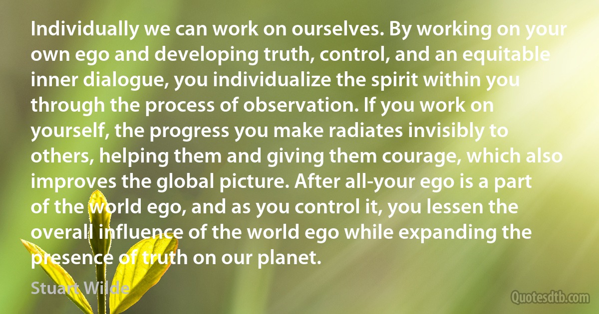 Individually we can work on ourselves. By working on your own ego and developing truth, control, and an equitable inner dialogue, you individualize the spirit within you through the process of observation. If you work on yourself, the progress you make radiates invisibly to others, helping them and giving them courage, which also improves the global picture. After all-your ego is a part of the world ego, and as you control it, you lessen the overall influence of the world ego while expanding the presence of truth on our planet. (Stuart Wilde)