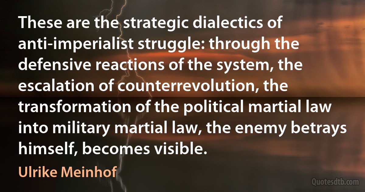 These are the strategic dialectics of anti-imperialist struggle: through the defensive reactions of the system, the escalation of counterrevolution, the transformation of the political martial law into military martial law, the enemy betrays himself, becomes visible. (Ulrike Meinhof)