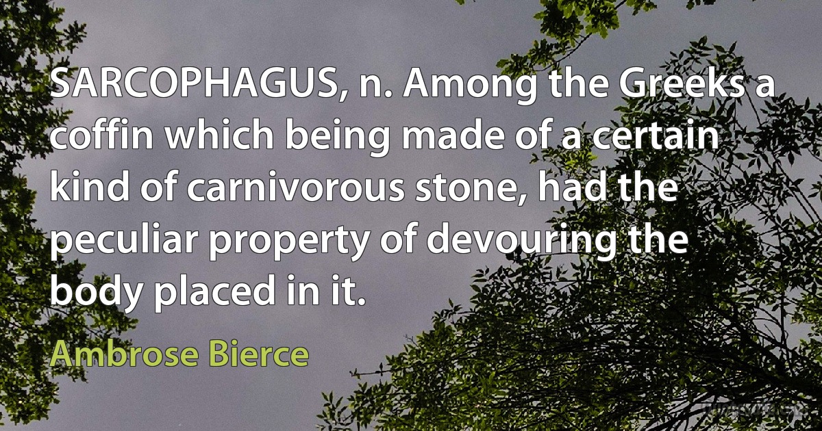 SARCOPHAGUS, n. Among the Greeks a coffin which being made of a certain kind of carnivorous stone, had the peculiar property of devouring the body placed in it. (Ambrose Bierce)