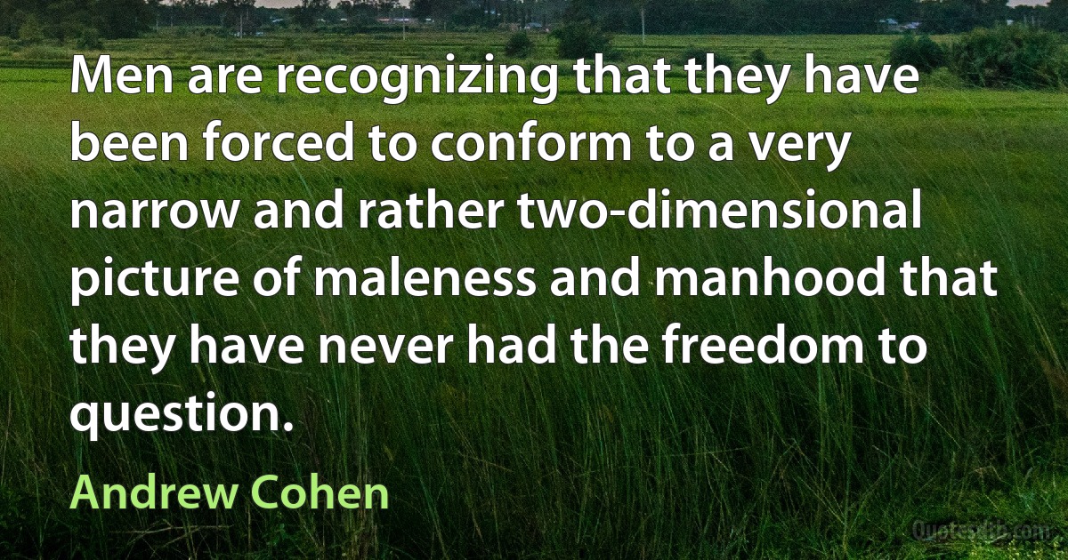 Men are recognizing that they have been forced to conform to a very narrow and rather two-dimensional picture of maleness and manhood that they have never had the freedom to question. (Andrew Cohen)