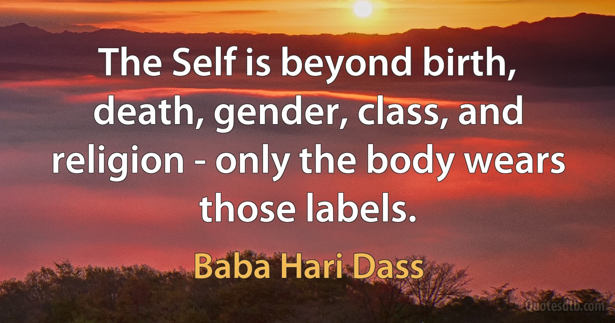 The Self is beyond birth, death, gender, class, and religion - only the body wears those labels. (Baba Hari Dass)