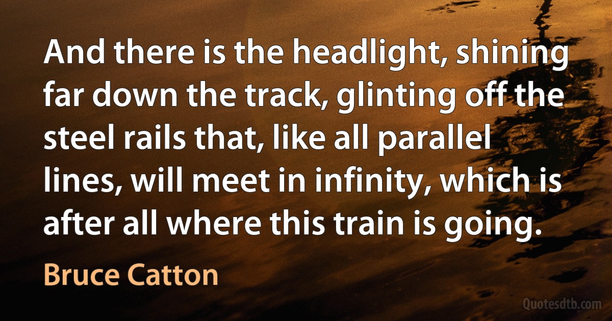 And there is the headlight, shining far down the track, glinting off the steel rails that, like all parallel lines, will meet in infinity, which is after all where this train is going. (Bruce Catton)