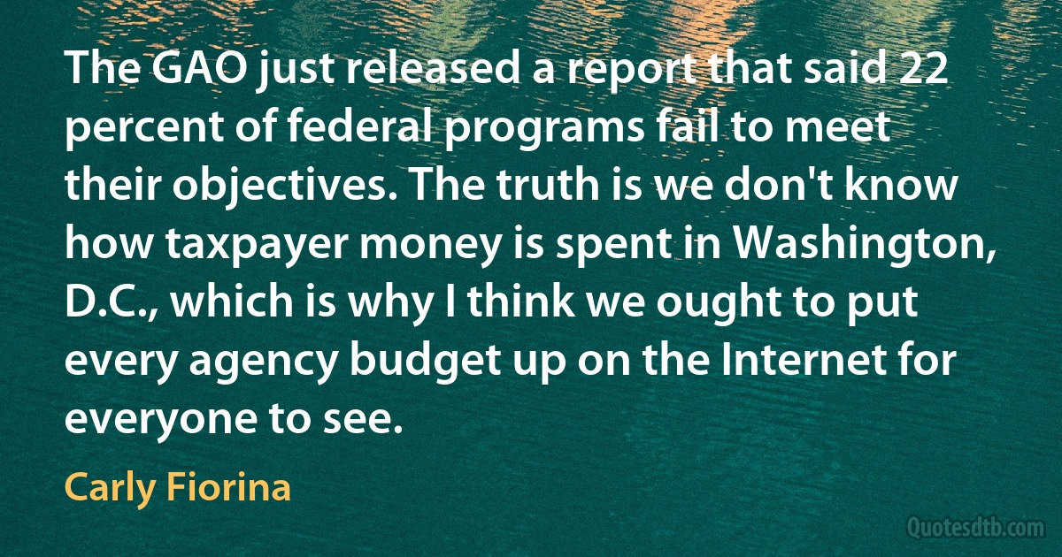 The GAO just released a report that said 22 percent of federal programs fail to meet their objectives. The truth is we don't know how taxpayer money is spent in Washington, D.C., which is why I think we ought to put every agency budget up on the Internet for everyone to see. (Carly Fiorina)