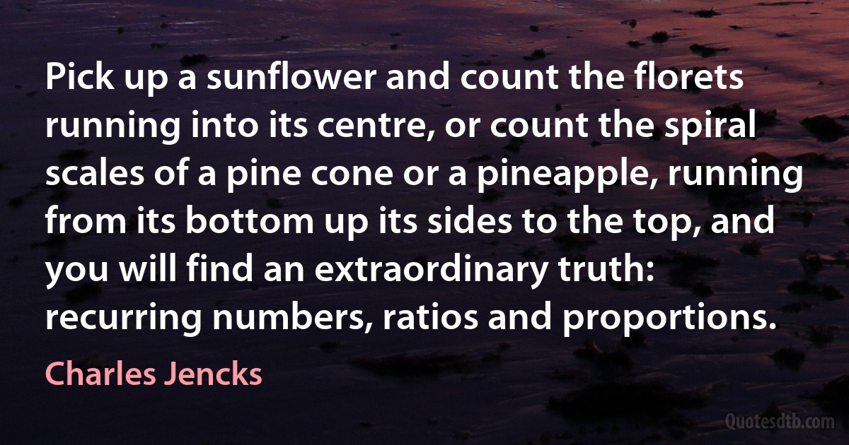 Pick up a sunflower and count the florets running into its centre, or count the spiral scales of a pine cone or a pineapple, running from its bottom up its sides to the top, and you will find an extraordinary truth: recurring numbers, ratios and proportions. (Charles Jencks)