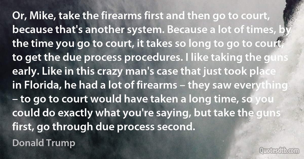 Or, Mike, take the firearms first and then go to court, because that's another system. Because a lot of times, by the time you go to court, it takes so long to go to court, to get the due process procedures. I like taking the guns early. Like in this crazy man's case that just took place in Florida, he had a lot of firearms – they saw everything – to go to court would have taken a long time, so you could do exactly what you're saying, but take the guns first, go through due process second. (Donald Trump)