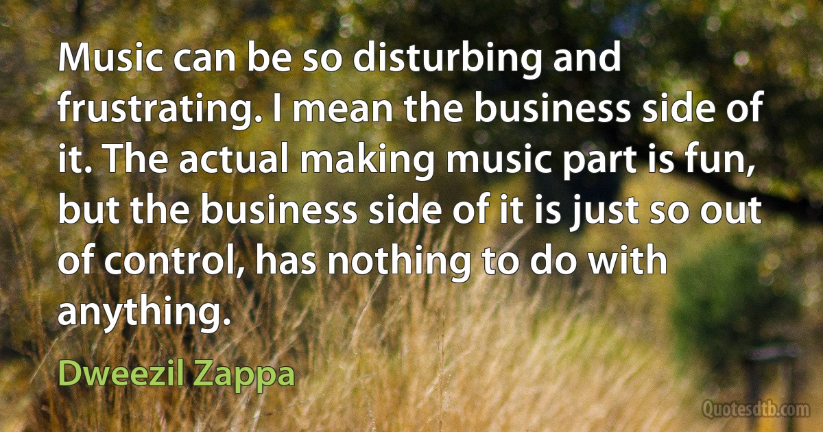 Music can be so disturbing and frustrating. I mean the business side of it. The actual making music part is fun, but the business side of it is just so out of control, has nothing to do with anything. (Dweezil Zappa)