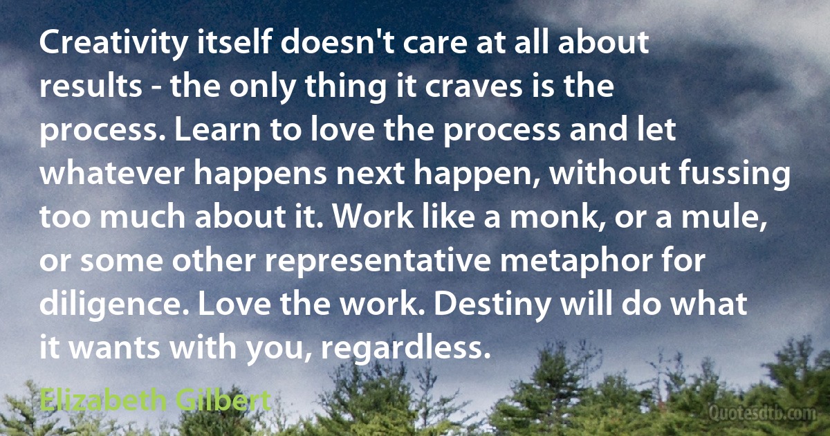 Creativity itself doesn't care at all about results - the only thing it craves is the process. Learn to love the process and let whatever happens next happen, without fussing too much about it. Work like a monk, or a mule, or some other representative metaphor for diligence. Love the work. Destiny will do what it wants with you, regardless. (Elizabeth Gilbert)