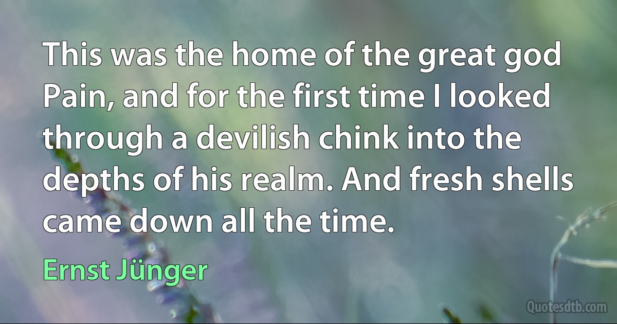 This was the home of the great god Pain, and for the first time I looked through a devilish chink into the depths of his realm. And fresh shells came down all the time. (Ernst Jünger)