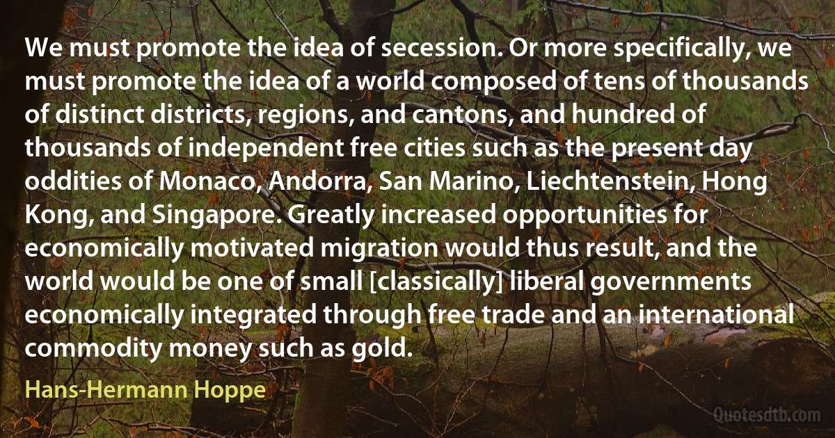 We must promote the idea of secession. Or more specifically, we must promote the idea of a world composed of tens of thousands of distinct districts, regions, and cantons, and hundred of thousands of independent free cities such as the present day oddities of Monaco, Andorra, San Marino, Liechtenstein, Hong Kong, and Singapore. Greatly increased opportunities for economically motivated migration would thus result, and the world would be one of small [classically] liberal governments economically integrated through free trade and an international commodity money such as gold. (Hans-Hermann Hoppe)