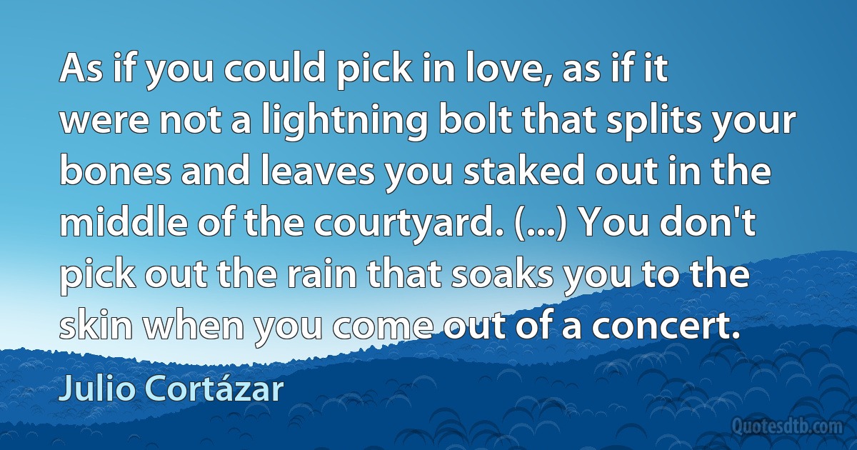 As if you could pick in love, as if it were not a lightning bolt that splits your bones and leaves you staked out in the middle of the courtyard. (...) You don't pick out the rain that soaks you to the skin when you come out of a concert. (Julio Cortázar)