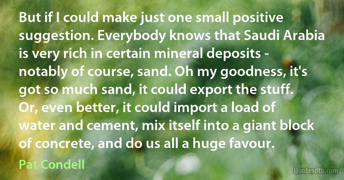 But if I could make just one small positive suggestion. Everybody knows that Saudi Arabia is very rich in certain mineral deposits - notably of course, sand. Oh my goodness, it's got so much sand, it could export the stuff. Or, even better, it could import a load of water and cement, mix itself into a giant block of concrete, and do us all a huge favour. (Pat Condell)