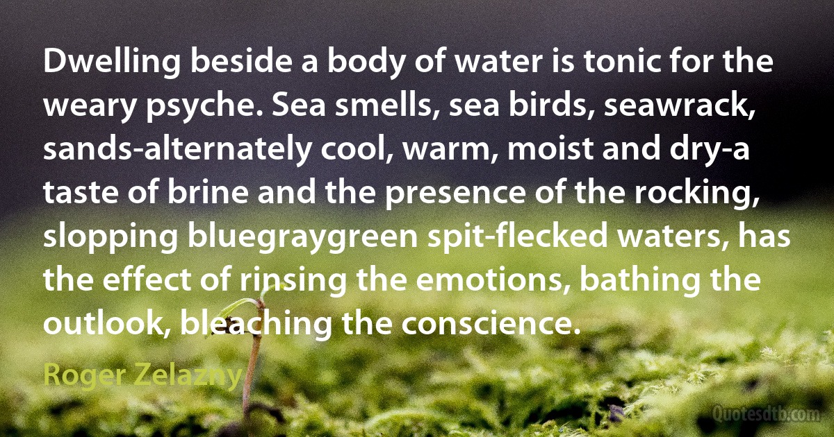 Dwelling beside a body of water is tonic for the weary psyche. Sea smells, sea birds, seawrack, sands-alternately cool, warm, moist and dry-a taste of brine and the presence of the rocking, slopping bluegraygreen spit-flecked waters, has the effect of rinsing the emotions, bathing the outlook, bleaching the conscience. (Roger Zelazny)