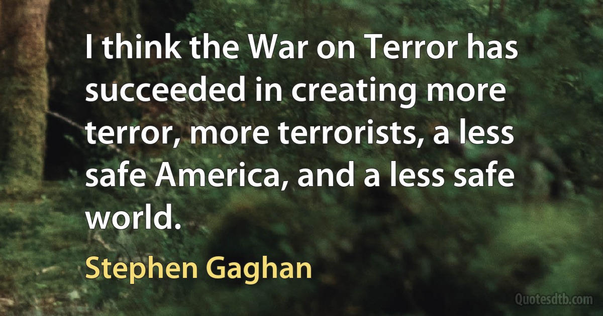 I think the War on Terror has succeeded in creating more terror, more terrorists, a less safe America, and a less safe world. (Stephen Gaghan)