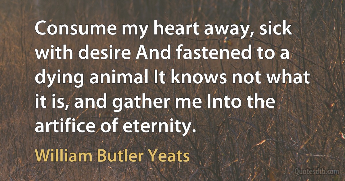 Consume my heart away, sick with desire And fastened to a dying animal It knows not what it is, and gather me Into the artifice of eternity. (William Butler Yeats)