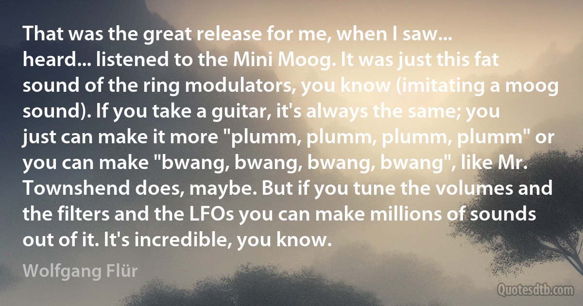 That was the great release for me, when I saw... heard... listened to the Mini Moog. It was just this fat sound of the ring modulators, you know (imitating a moog sound). If you take a guitar, it's always the same; you just can make it more "plumm, plumm, plumm, plumm" or you can make "bwang, bwang, bwang, bwang", like Mr. Townshend does, maybe. But if you tune the volumes and the filters and the LFOs you can make millions of sounds out of it. It's incredible, you know. (Wolfgang Flür)