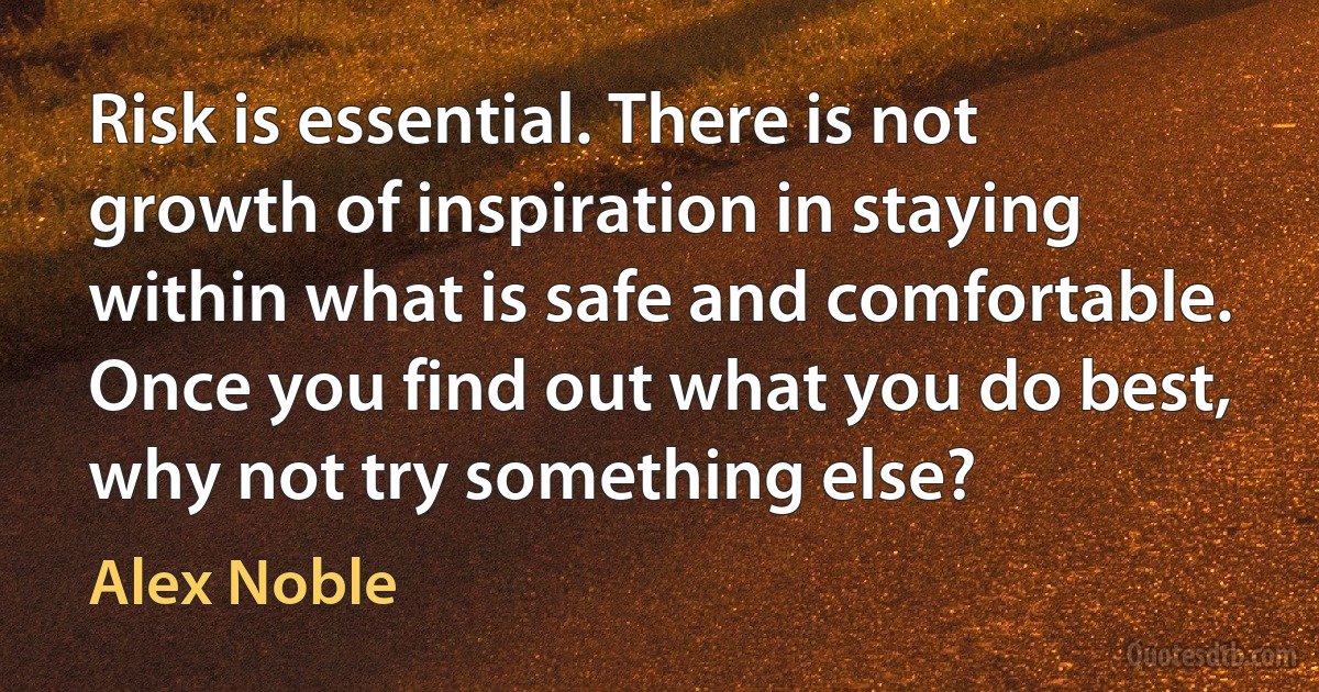 Risk is essential. There is not growth of inspiration in staying within what is safe and comfortable. Once you find out what you do best, why not try something else? (Alex Noble)