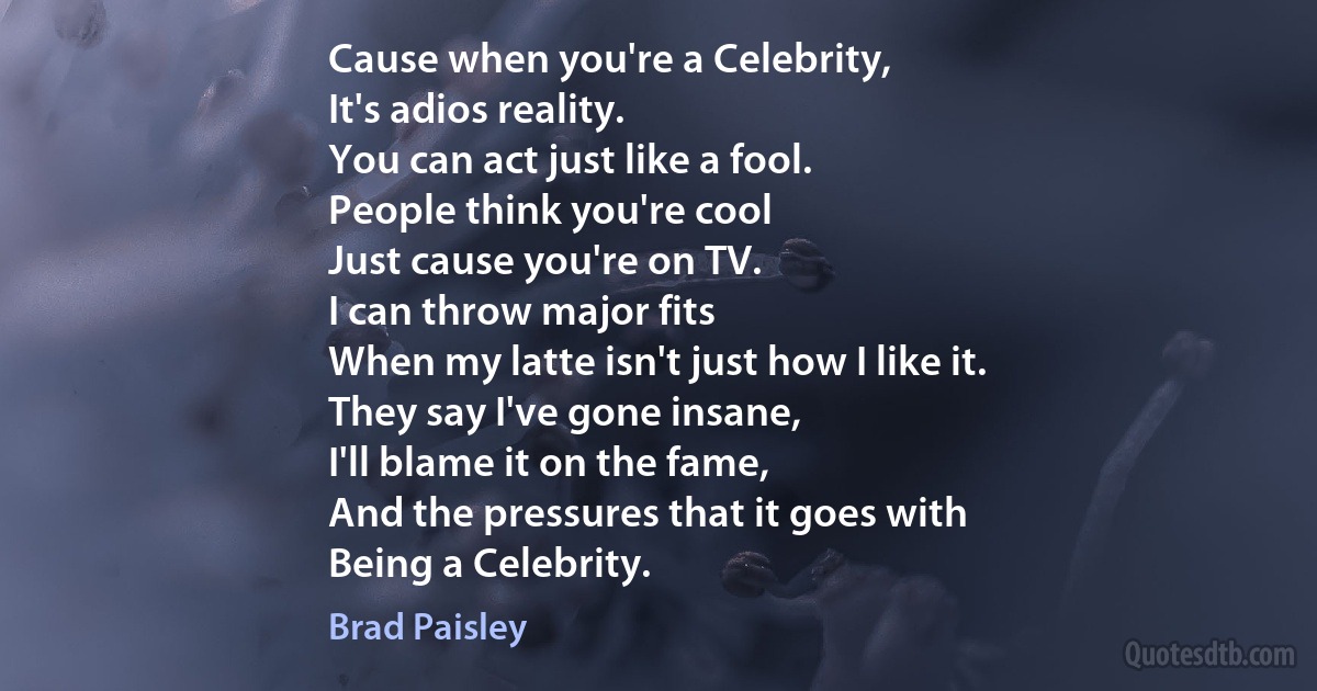 Cause when you're a Celebrity,
It's adios reality.
You can act just like a fool.
People think you're cool
Just cause you're on TV.
I can throw major fits
When my latte isn't just how I like it.
They say I've gone insane,
I'll blame it on the fame,
And the pressures that it goes with
Being a Celebrity. (Brad Paisley)