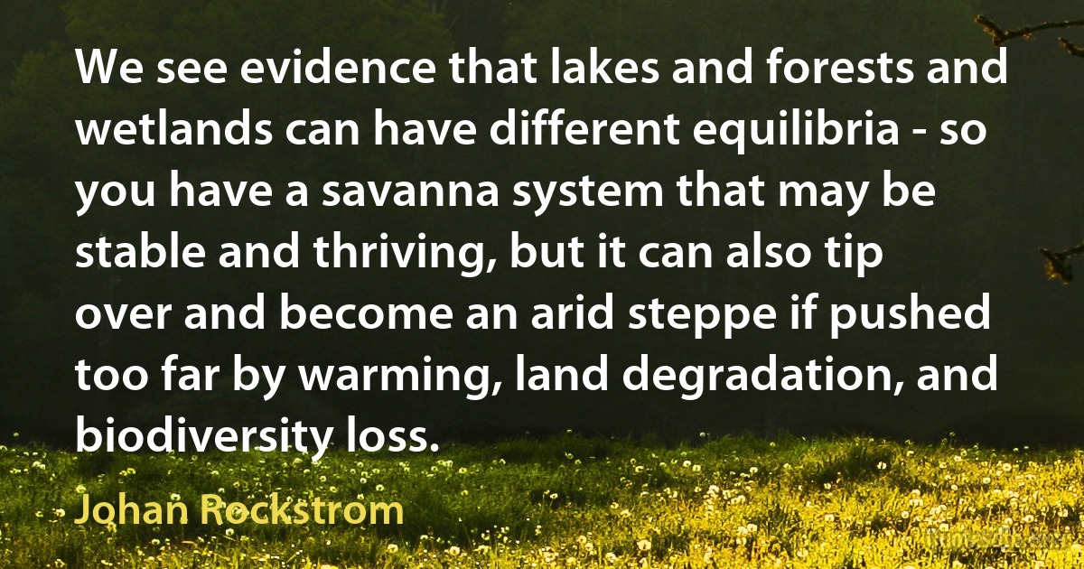 We see evidence that lakes and forests and wetlands can have different equilibria - so you have a savanna system that may be stable and thriving, but it can also tip over and become an arid steppe if pushed too far by warming, land degradation, and biodiversity loss. (Johan Rockstrom)