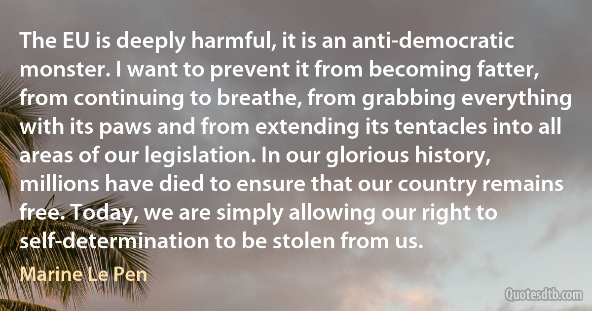 The EU is deeply harmful, it is an anti-democratic monster. I want to prevent it from becoming fatter, from continuing to breathe, from grabbing everything with its paws and from extending its tentacles into all areas of our legislation. In our glorious history, millions have died to ensure that our country remains free. Today, we are simply allowing our right to self-determination to be stolen from us. (Marine Le Pen)