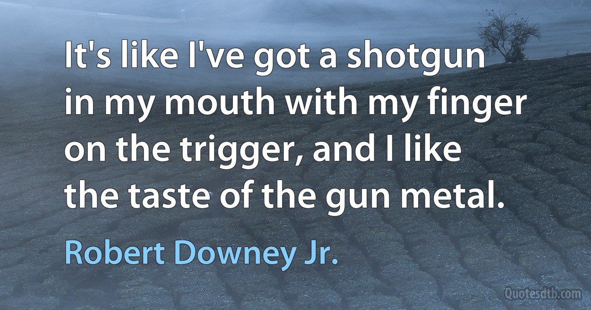 It's like I've got a shotgun in my mouth with my finger on the trigger, and I like the taste of the gun metal. (Robert Downey Jr.)