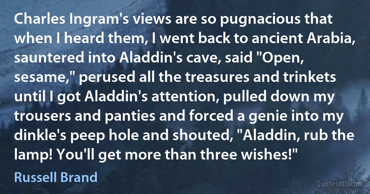 Charles Ingram's views are so pugnacious that when I heard them, I went back to ancient Arabia, sauntered into Aladdin's cave, said "Open, sesame," perused all the treasures and trinkets until I got Aladdin's attention, pulled down my trousers and panties and forced a genie into my dinkle's peep hole and shouted, "Aladdin, rub the lamp! You'll get more than three wishes!" (Russell Brand)