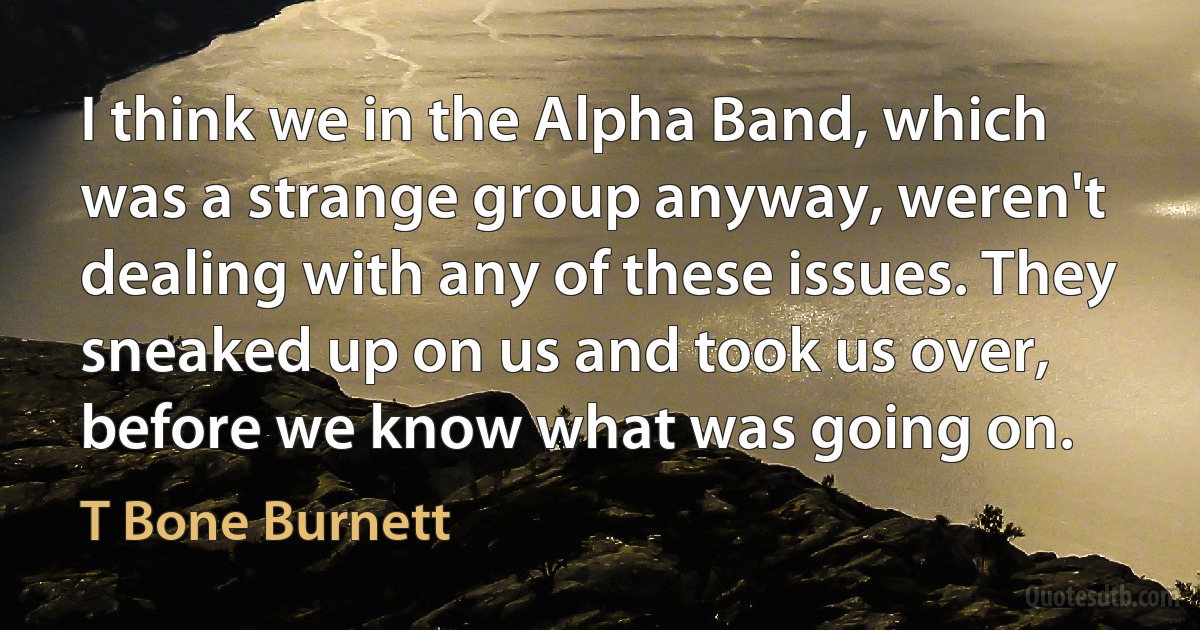 I think we in the Alpha Band, which was a strange group anyway, weren't dealing with any of these issues. They sneaked up on us and took us over, before we know what was going on. (T Bone Burnett)