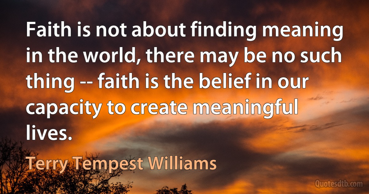 Faith is not about finding meaning in the world, there may be no such thing -- faith is the belief in our capacity to create meaningful lives. (Terry Tempest Williams)