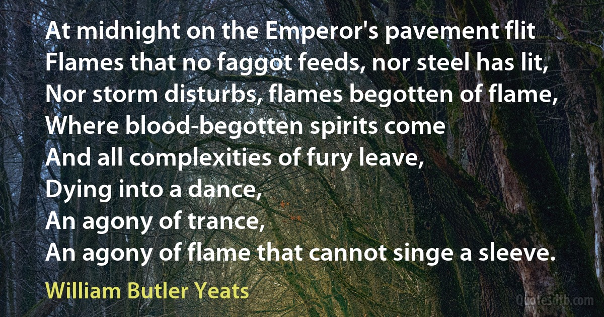 At midnight on the Emperor's pavement flit
Flames that no faggot feeds, nor steel has lit,
Nor storm disturbs, flames begotten of flame,
Where blood-begotten spirits come
And all complexities of fury leave,
Dying into a dance,
An agony of trance,
An agony of flame that cannot singe a sleeve. (William Butler Yeats)