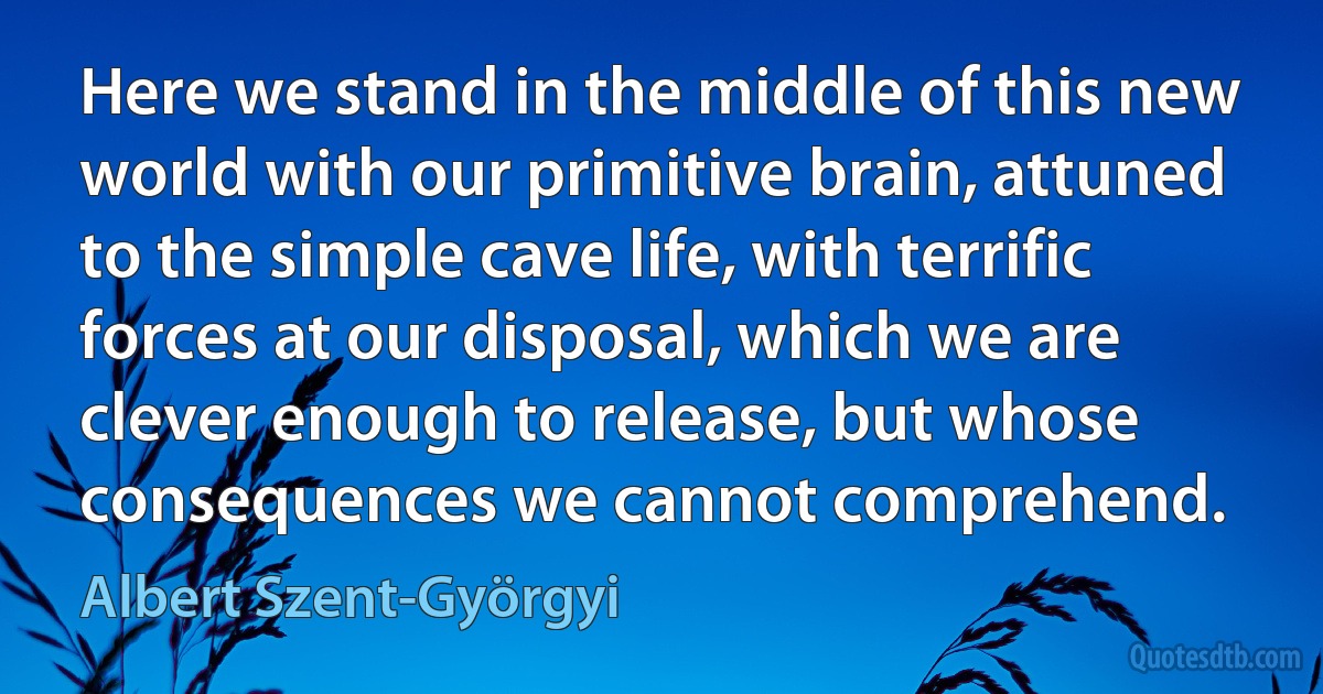 Here we stand in the middle of this new world with our primitive brain, attuned to the simple cave life, with terrific forces at our disposal, which we are clever enough to release, but whose consequences we cannot comprehend. (Albert Szent-Györgyi)