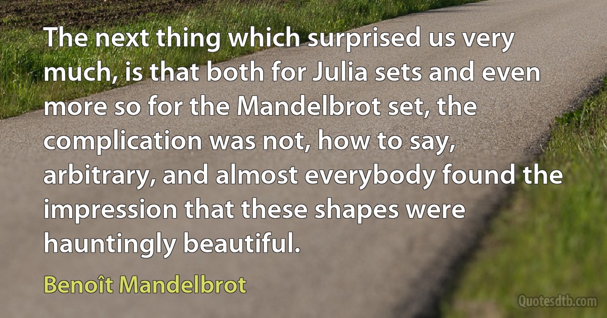 The next thing which surprised us very much, is that both for Julia sets and even more so for the Mandelbrot set, the complication was not, how to say, arbitrary, and almost everybody found the impression that these shapes were hauntingly beautiful. (Benoît Mandelbrot)