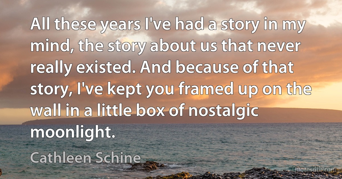 All these years I've had a story in my mind, the story about us that never really existed. And because of that story, I've kept you framed up on the wall in a little box of nostalgic moonlight. (Cathleen Schine)