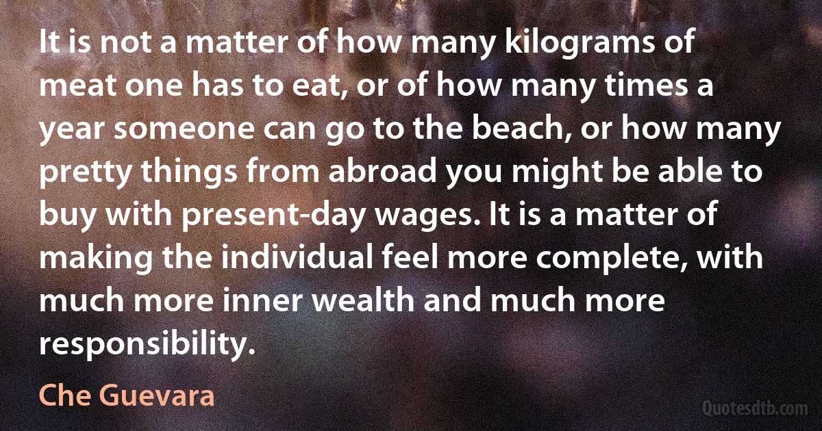 It is not a matter of how many kilograms of meat one has to eat, or of how many times a year someone can go to the beach, or how many pretty things from abroad you might be able to buy with present-day wages. It is a matter of making the individual feel more complete, with much more inner wealth and much more responsibility. (Che Guevara)