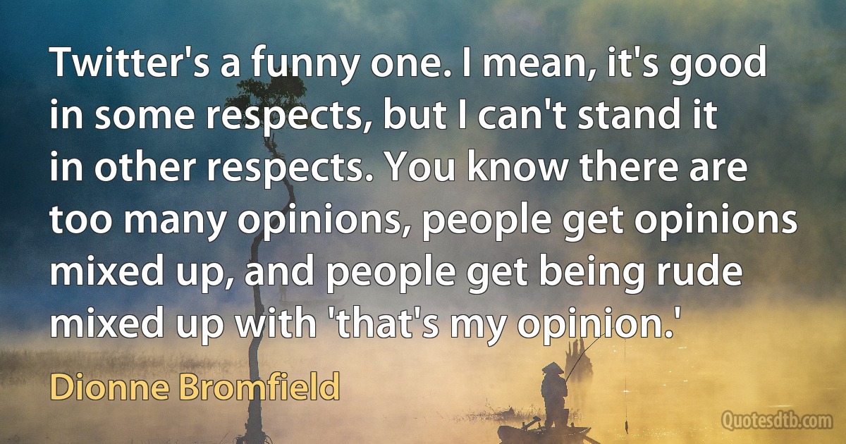 Twitter's a funny one. I mean, it's good in some respects, but I can't stand it in other respects. You know there are too many opinions, people get opinions mixed up, and people get being rude mixed up with 'that's my opinion.' (Dionne Bromfield)