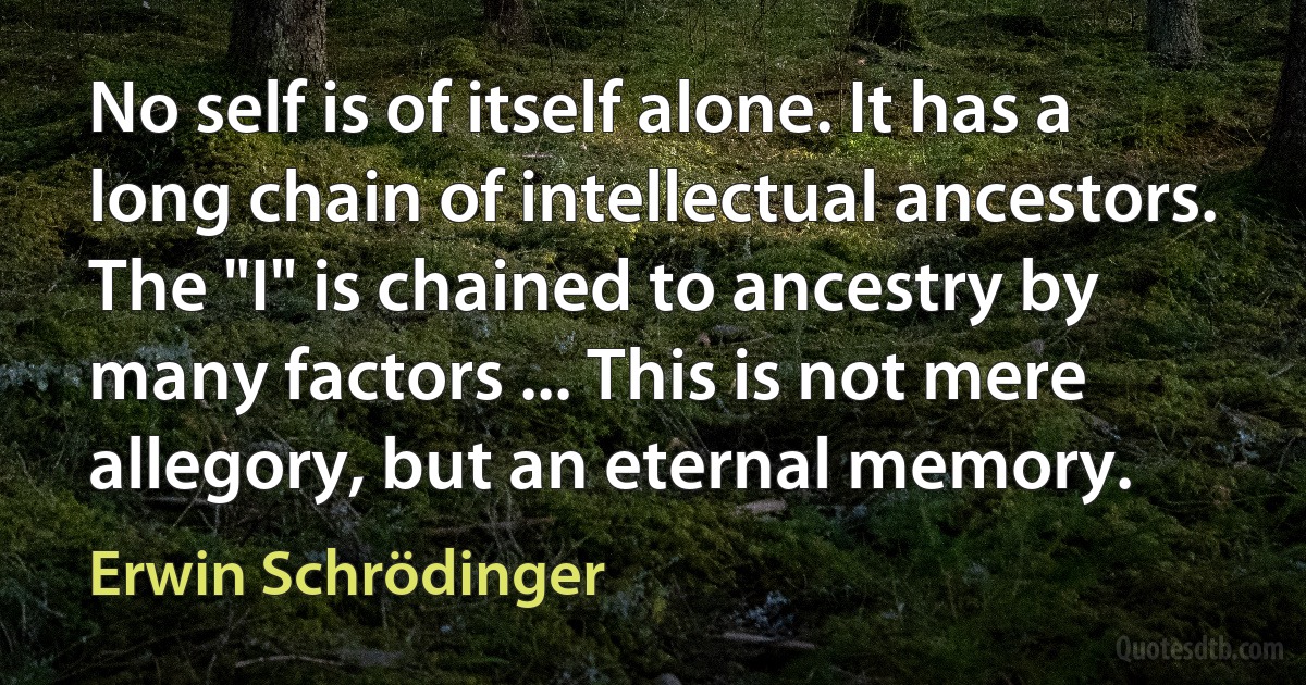 No self is of itself alone. It has a long chain of intellectual ancestors. The "I" is chained to ancestry by many factors ... This is not mere allegory, but an eternal memory. (Erwin Schrödinger)