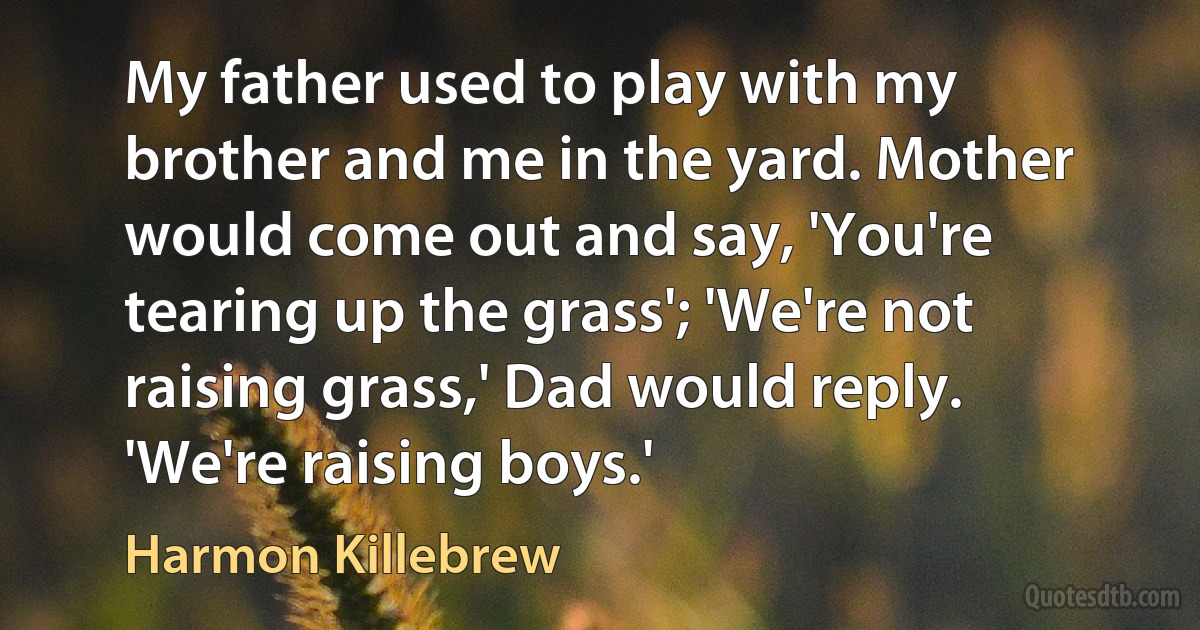 My father used to play with my brother and me in the yard. Mother would come out and say, 'You're tearing up the grass'; 'We're not raising grass,' Dad would reply. 'We're raising boys.' (Harmon Killebrew)