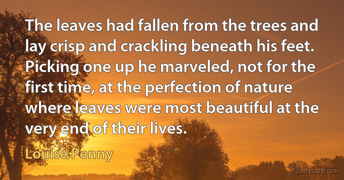 The leaves had fallen from the trees and lay crisp and crackling beneath his feet. Picking one up he marveled, not for the first time, at the perfection of nature where leaves were most beautiful at the very end of their lives. (Louise Penny)