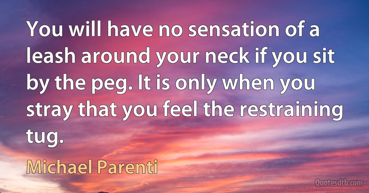 You will have no sensation of a leash around your neck if you sit by the peg. It is only when you stray that you feel the restraining tug. (Michael Parenti)