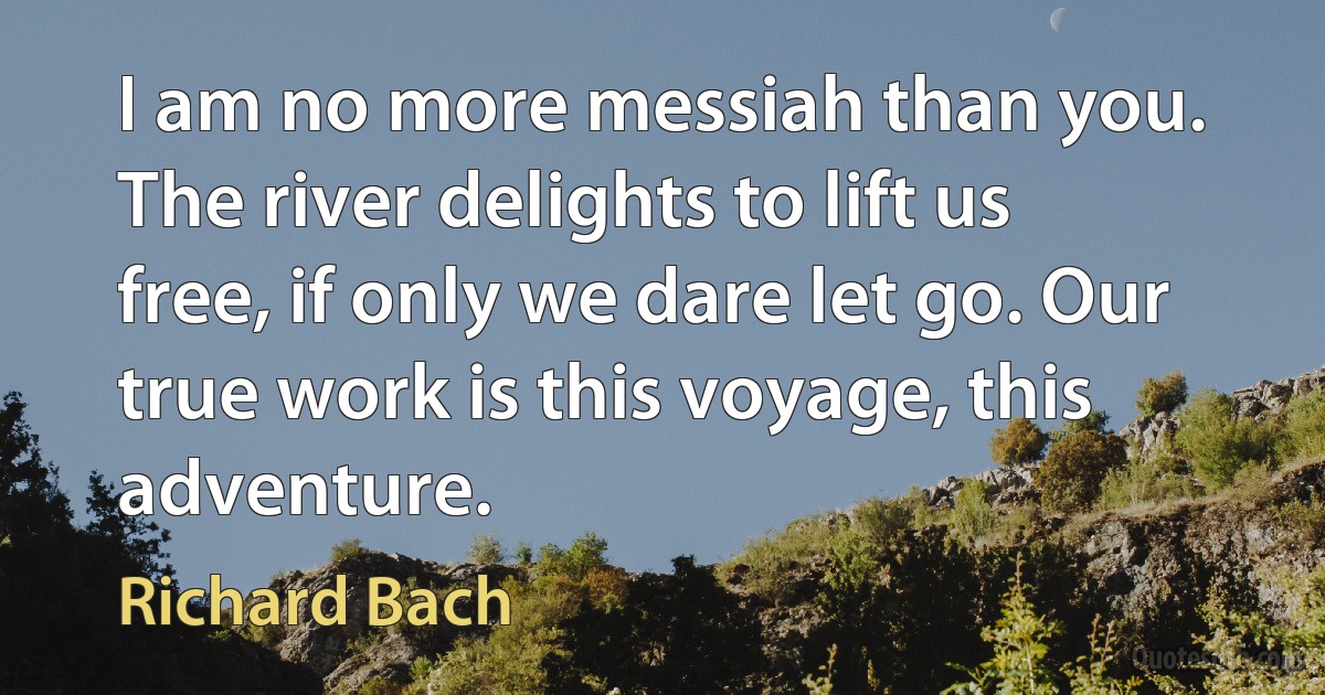 I am no more messiah than you. The river delights to lift us free, if only we dare let go. Our true work is this voyage, this adventure. (Richard Bach)